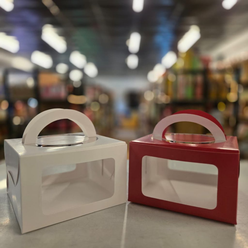 Cake Box With Window & Handle 8 Inch (White / Red) | Driftbasket